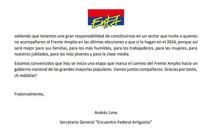 🔴🔵⚪Compartimos Declaración del Secretario General del Encuentro Federal Artiguista @AndresLimaSalto: Agradecemos a todo el pueblo frenteamplista por un ejercicio único de democracia partidaria en nuestro país. ¡Viva el <a href="/Frente_Amplio/">Frente Amplio</a>, Viva Uruguay 🇺🇾!