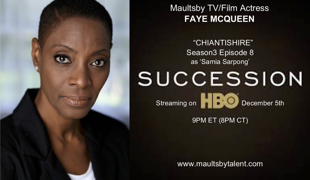 Maultsby_Talent's tweet photo. Make sure you tune in to SUCCESSION on HBO at 9PM ET (8PM CT) tonight to see Maultsby TV/Film Actress Faye McQueen in this week’s episode. Congratulations, Faye!!! 🤩 #MaultsbyTalentAgency #TeamMaultsby #SuccessionHBO #hbo #ActorLife #ProudAgent https://t.co/vDZQWCqH9T