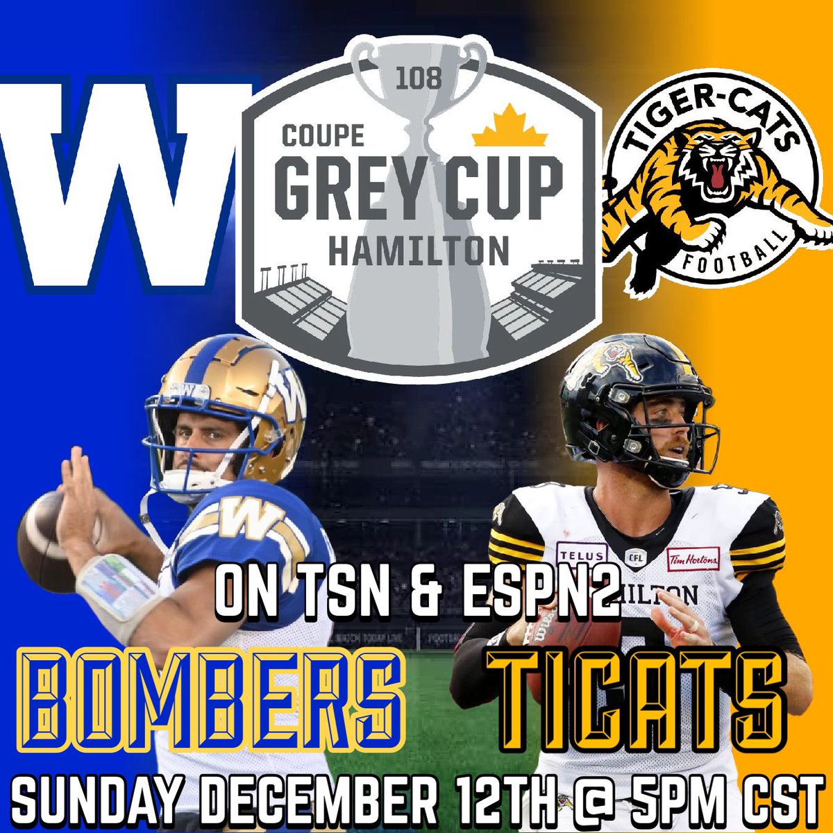 TrueNorthCFPod's tweet photo. The #CFL Grey Cup match is set! Cant wait for next Sunday! #CFLPlayoffs #CFLFantasy #CFLGameday #CFL2021 #Ticats #Bombers #Winnipeg #Hamilton @ZCollaros7 @daneevans9 @Ticats @Wpg_BlueBombers #GreyCup #GreyCup2021 @CFL https://t.co/aXpXWRpQGY