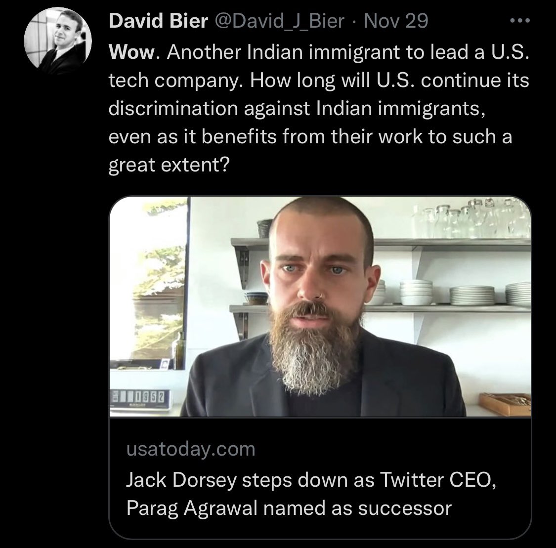 USTechWorkers's tweet photo. Approved for a visa, went to Stanford, and is now CEO of Twitter — what discrimination?

Green Card backlogs? He qualifies for EB-1 — no backlogs for Indians in that category. Calling it “discrimination” is a phony tactic in gaslighting policymakers to flood more cheap IT coolies https://t.co/E6sGK42V0r