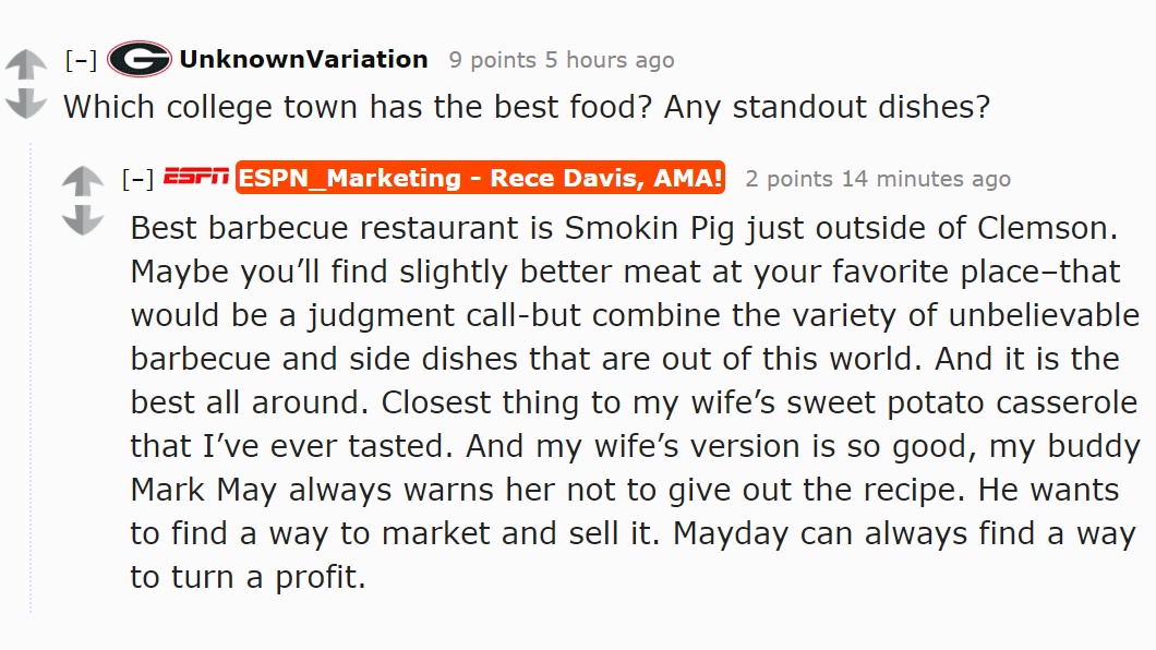 RedditCFB's tweet photo. Rece Davis calls @_SmokinPig his pick for best barbecue spot. https://t.co/xcXjH3YwlS