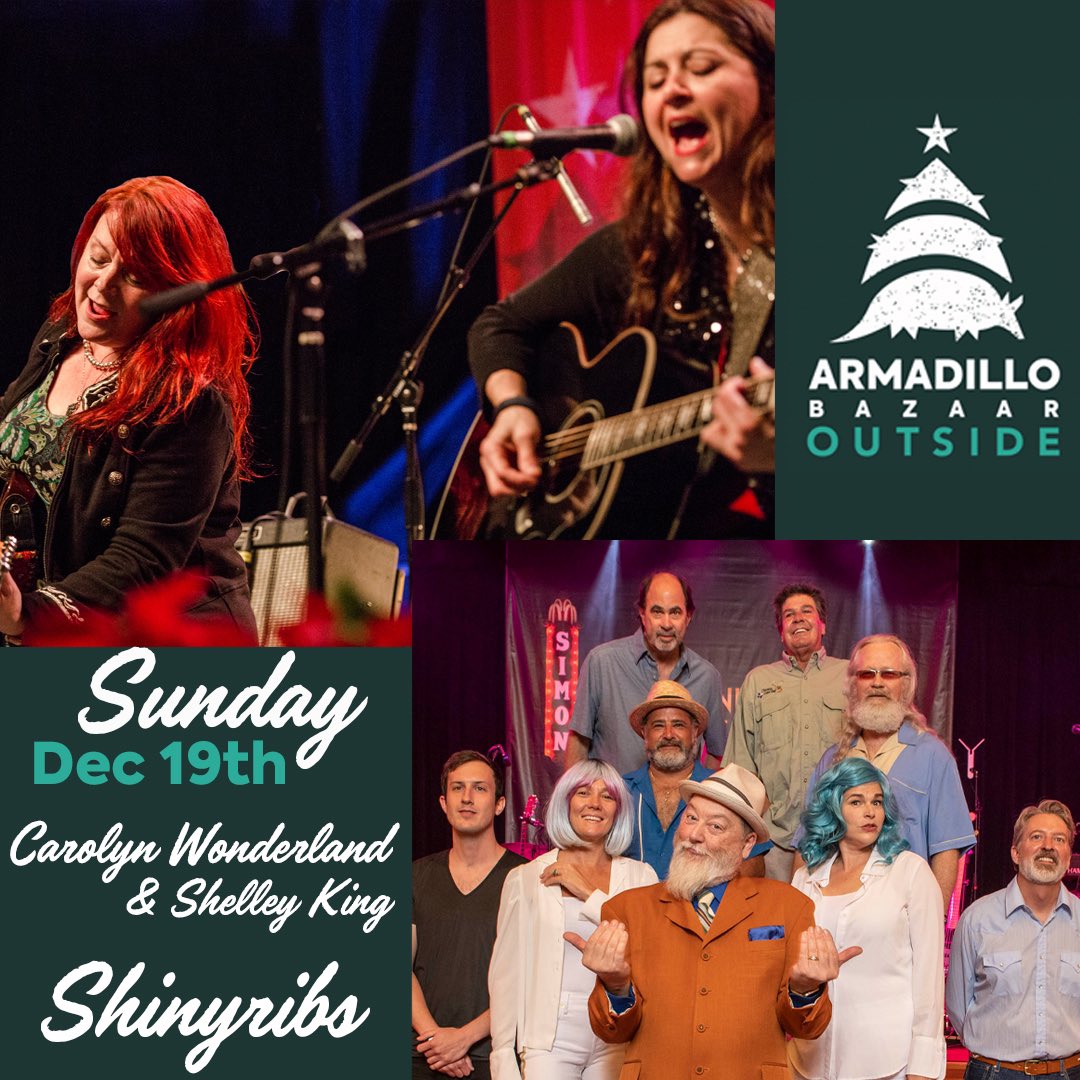 TWO WEEKS TIL DAY 3 of ARMADILLO BAZAAR OUTSIDE!!! We are so excited to boogie with you art-lovers to the sounds of these legends! <a href="/carolynwonderla/">carolyn wonderland</a> with <a href="/shelleykingtx/">Shelley King</a> followed by our final show with <a href="/shinyribs/">Mr Ribs</a>! #austintexas #armadillochristmasbazaar #armadillobazaaroutside
