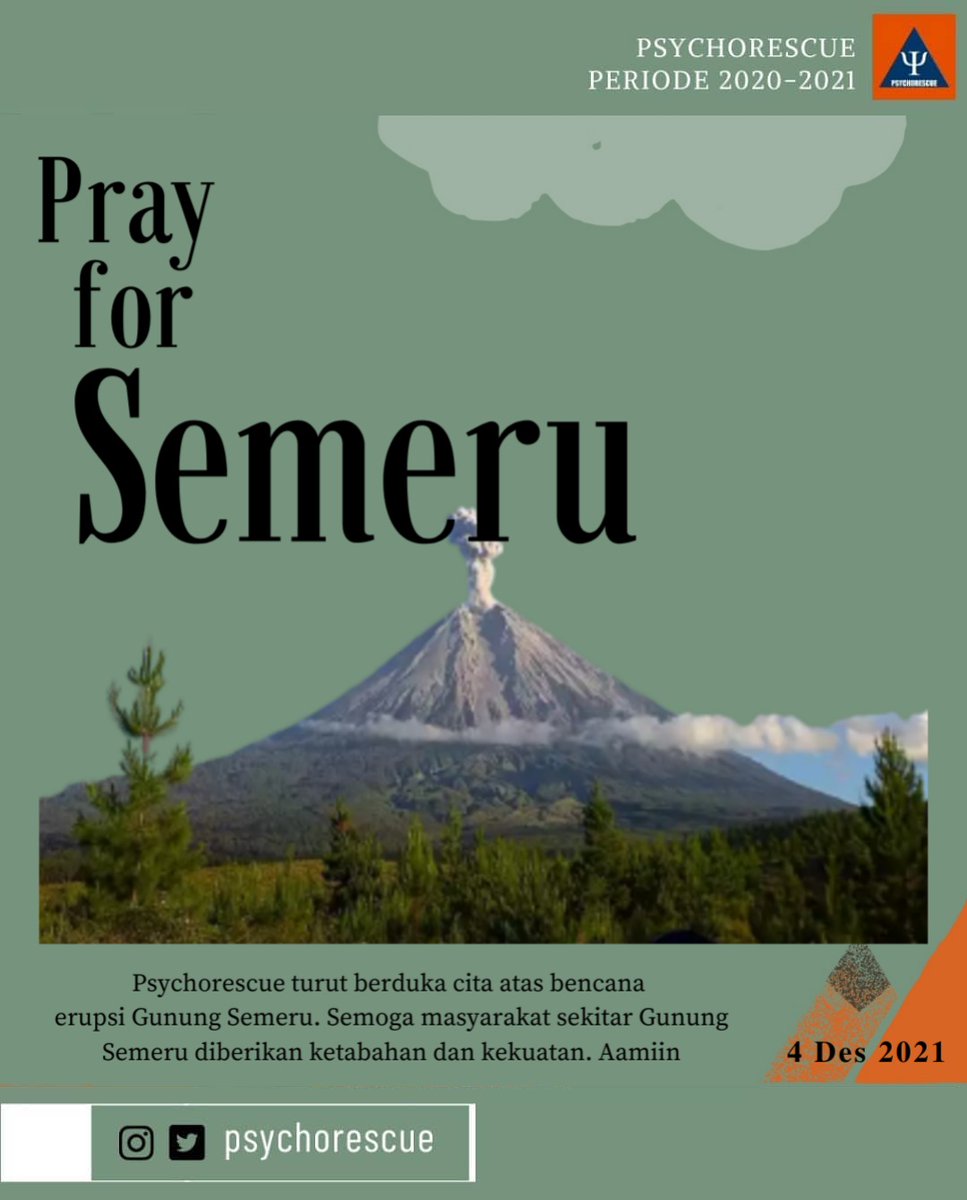 [Pray for Semeru - Jatim]
Kami keluarga besar Psychorescue turut berduka cita atas bencana erupsi Gunung Semeru pada 4 Desember 2021 di Jawa Timur.  Semoga masyarakat di daerah Gunung Semeru diberikan kekuatan dan ketabahan. Aamiin. 
#Prayforsemeru #Gunung #Semeru #Erupsi