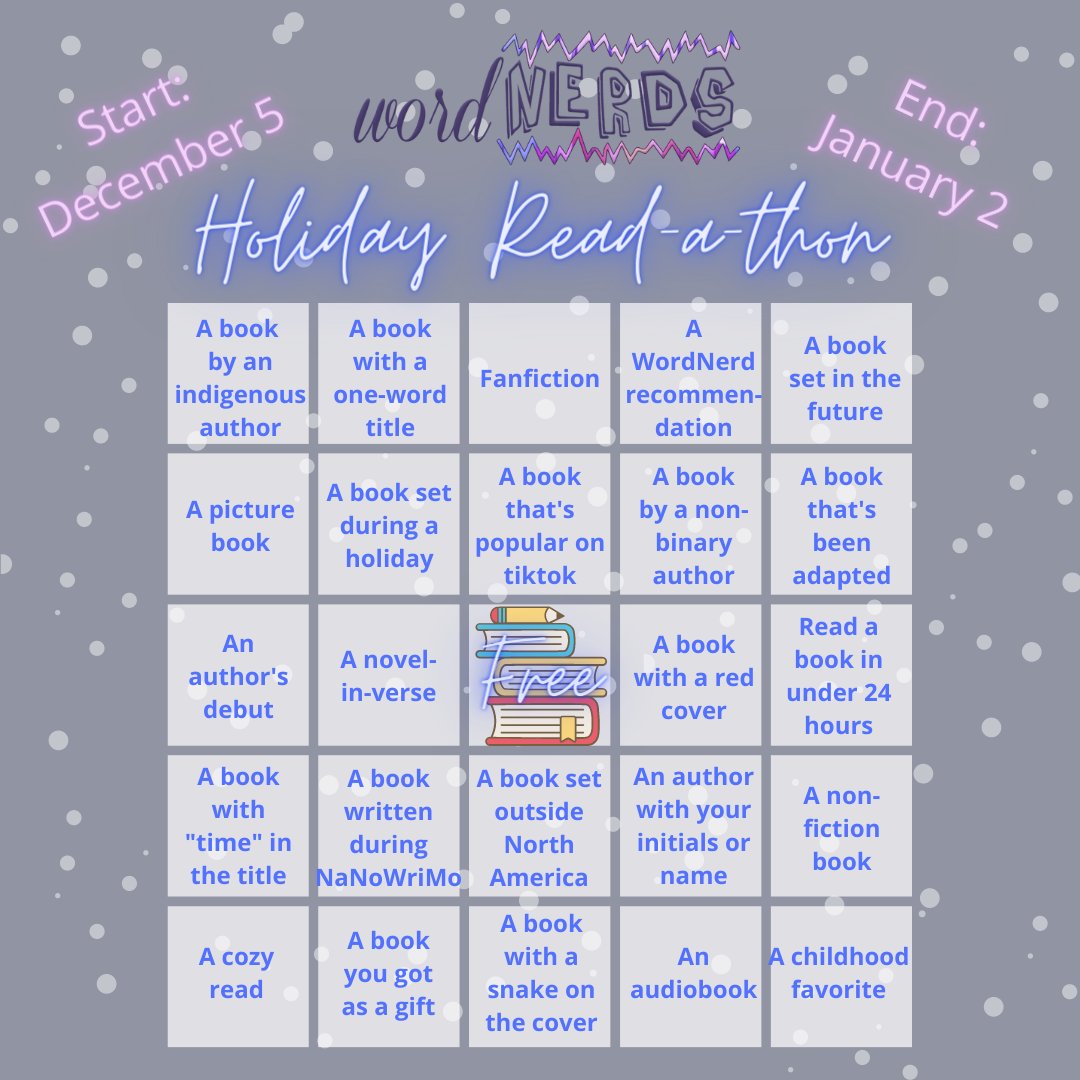 Surprise! We're kicking off a new #readathon... right now! This one is going to last a little longer than our last one, from now until January 2nd!

Here's the bingo card if reading competitively is your thing, otherwise we hope you'll enjoy a very bookish holiday.