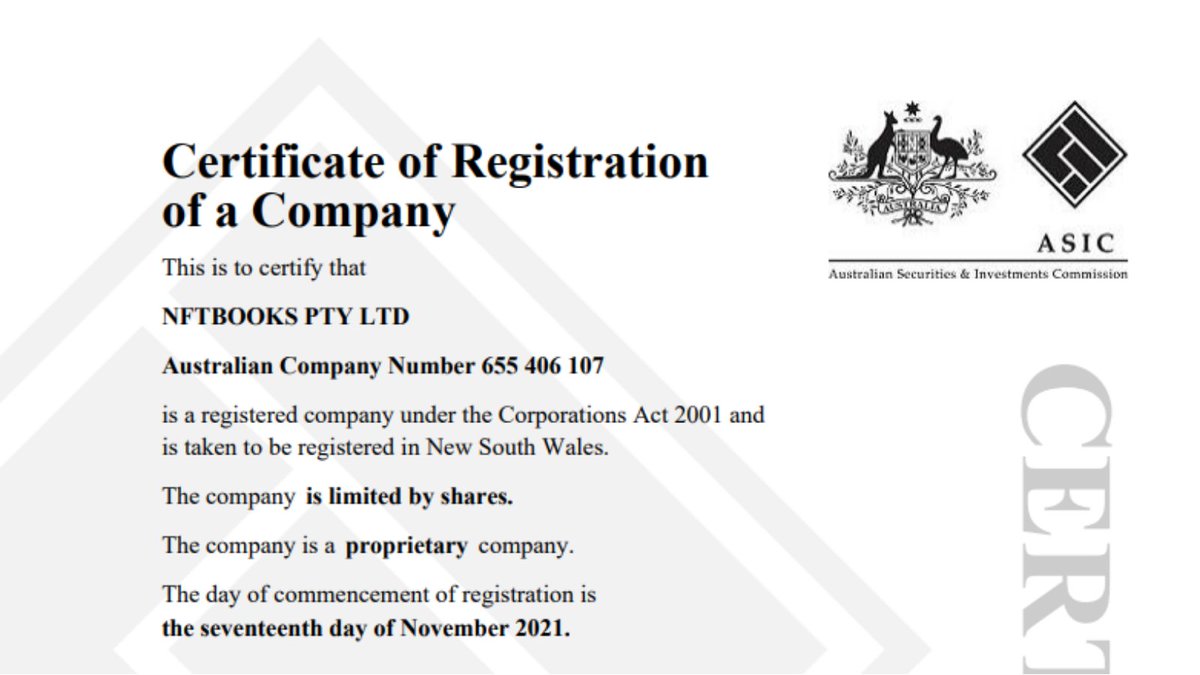 Welcome to a new week with new events. We're quiet doesn't mean we don't work. As announced 2 weeks ago, the #NFTBOOKS  project has been legally registered as a company under Australian law and operates globally.
Please subscribe our channel : t.me/nftbsnews