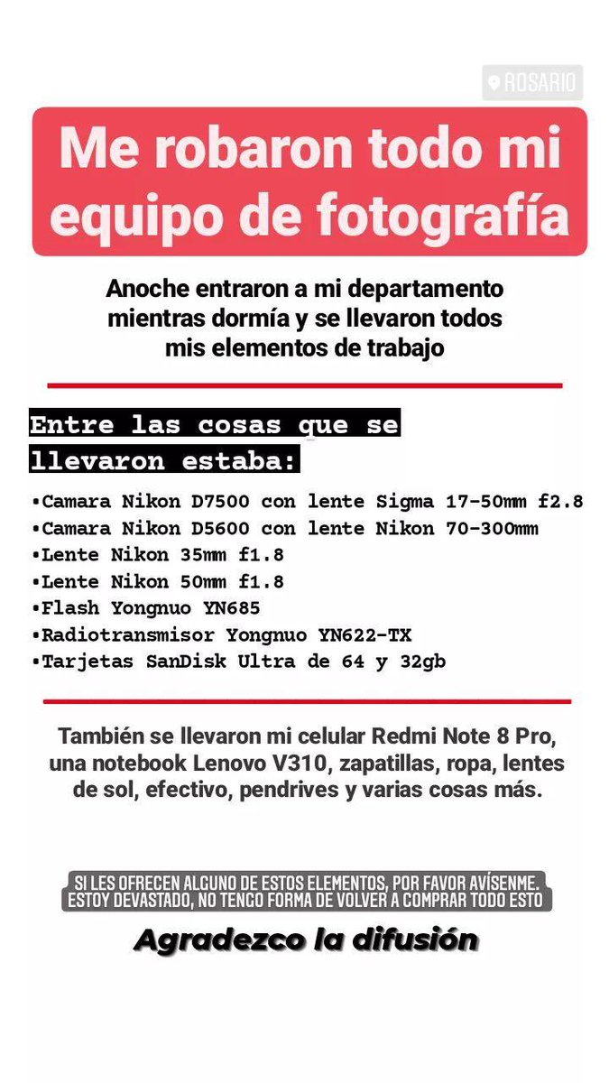 __mar1an's tweet photo. Hola gente. Estamos viviendo una pesadilla, entraron al depto mientras dormíamos con mi hermano y se llevaron muchas cosas de valor, pero lo que más duele son los equipos de fotografía de mi hermano que es su herramienta de trabajo. Me ayudan un montón compartiendo https://t.co/6hE4810nAN