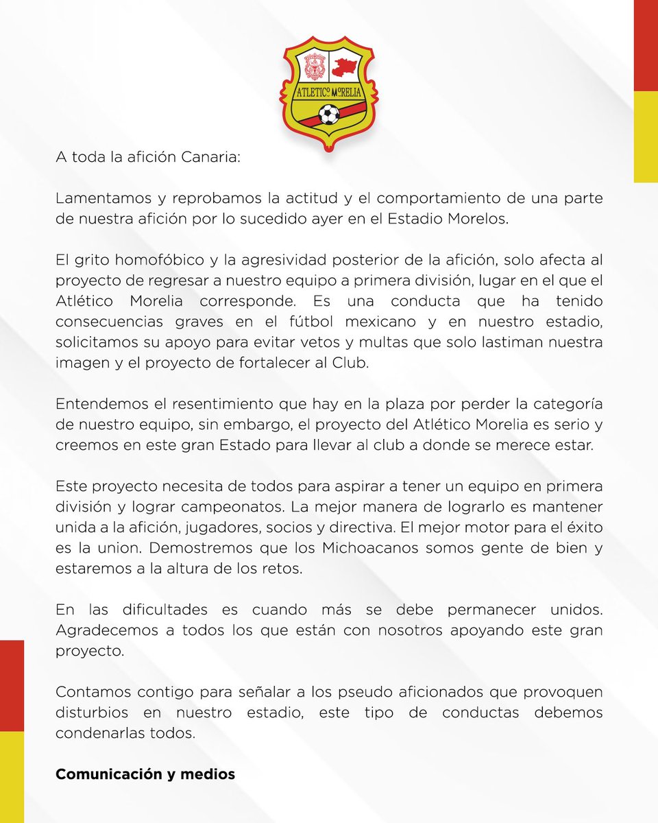 C_A_Morelia's tweet photo. 🚨Comunicado oficial 🚨

#LaHistoriaContinúa🟡🔴 https://t.co/xWWYsHl0VC