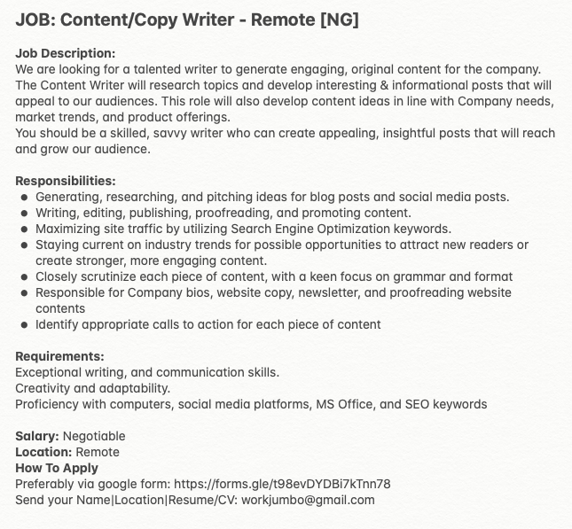 iamtito_'s tweet photo. JOB: Content/Copy Writer - Remote [NG] 
Location: Remote/NG
Application: https://t.co/TIIbqUmhIU

#naijatech #NaijaKnowledgeX #naijatechhub #naijablog #naijareact https://t.co/NV2rjqP7kd