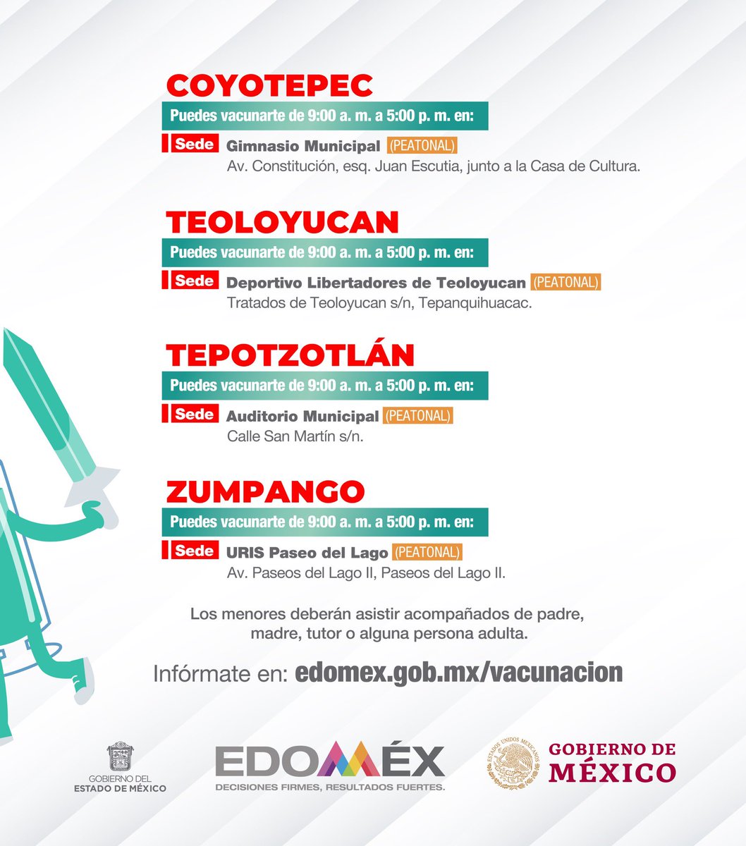 alfredodelmazo's tweet image. El 6 y 7 de diciembre aplicaremos la primera dosis a menores de 15 a 17 años en #Coyotepec, #Teoloyucan, #Tepotzotlán y #Zumpango. #EstrategiaDeVacunación