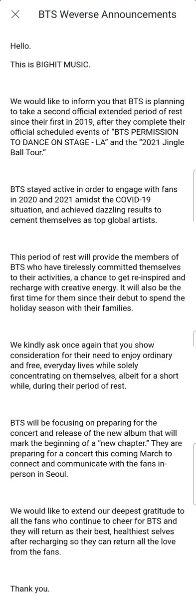 BTSMerchUpdates's tweet image. Weverse announcement - BTS second official extended vacation

Concerts coming in March
New album, new chapter 

webview.weverse.io/share/communit…