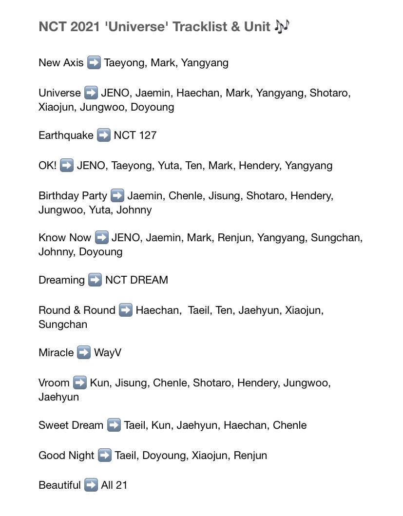 4jn23's tweet photo. NCT 2021 'Universe' Tracklist &amp; Unit 🎶 https://t.co/EGG5I2Mv7m