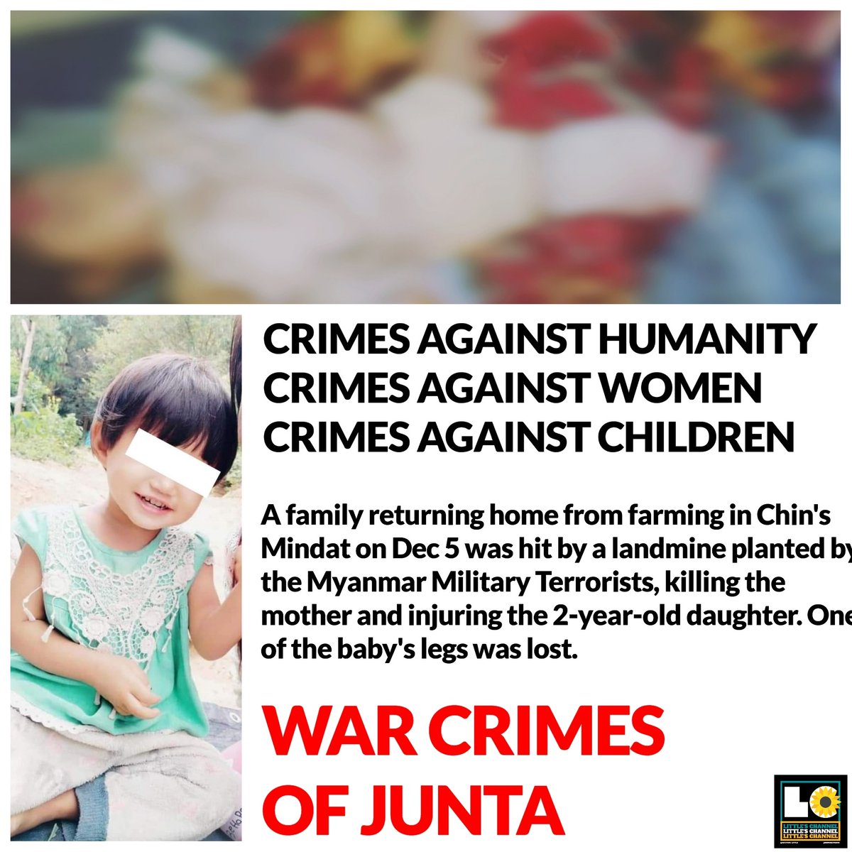BuuCBond's tweet photo. A family returning home from farming in Chin's Mindat on Dec 5 was hit by a landmine planted by the #MyanmarMilitaryTerrorists, killing the mother and injuring the 2-year-old daughter. One of the baby's legs was lost.  #Dec6Coup #WhatsHappeningInMyanmar https://t.co/9V5Wmg43HC