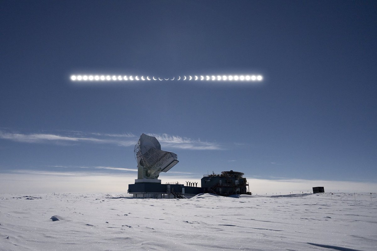 Aman Chokshi (@aman_chokshi) on Twitter photo So excited to be starting my year at the South Pole as a winterover for the <a href="/SPTelescope/">South Pole Telescope</a> with a spectacular partial solar eclipse! On the left is the South Pole Telescope and to the right is the <a href="/BICEP_Keck/">BICEP/Keck</a> telescope, with the crew from both telescopes silhouetted in between So excited to be starting my year at the South Pole as a winterover for the <a href="/SPTelescope/">South Pole Telescope</a> with a spectacular partial solar eclipse! On the left is the South Pole Telescope and to the right is the <a href="/BICEP_Keck/">BICEP/Keck</a> telescope, with the crew from both telescopes silhouetted in between