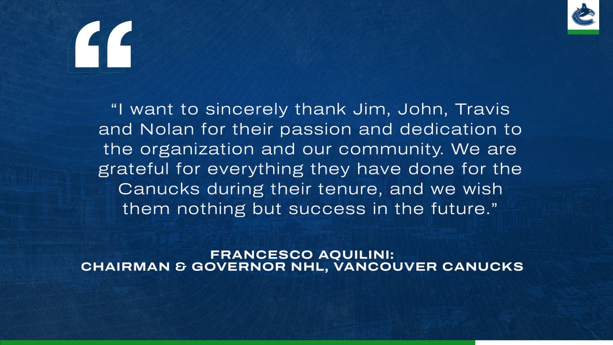 Canucks's tweet photo. Francesco Aquilini, Chairman and Governor NHL, Vancouver Canucks, announced today significant changes to the team’s front office and coaching staff, and confirmed a search for new Hockey Operations leadership is underway.

DETAILS | https://t.co/J3rbN9Rmp3 https://t.co/AGCKoS58wO
