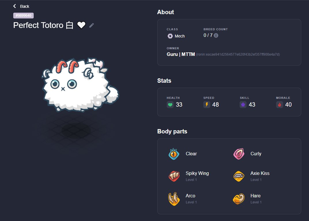 0xGuru's tweet photo. Today is a very happy day! 🎉
After 4 generations of breeding, I have acquired a 100% Perfect Totoro Mech! It's also white and fluffy!
"Looks Rare" status achieved?
Spiky Wing + Arco + Hare + Axie Kiss 🔥
#GuruLab 👨🔬 #MTTM ⛩ https://t.co/gARX28n51W