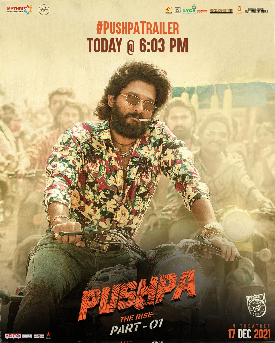 #PushpaTrailerDay  🔥🔥

#PushpaTrailer out Today at 6:03 PM 🤘
Stay Hyped &amp; Pumped in😎

#PushpaTheRise 
#ThaggedheLe 🤙
#PushpaTheRiseOnDec17 

<a href="/alluarjun/">Allu Arjun</a> <a href="/iamRashmika/">Rashmika Mandanna</a> #FahadhFaasil <a href="/aryasukku/">Sukumar</a> <a href="/ThisIsDSP/">DEVI SRI PRASAD</a> <a href="/adityamusic/">Aditya Music</a> <a href="/PushpaMovie/">Pushpa</a>