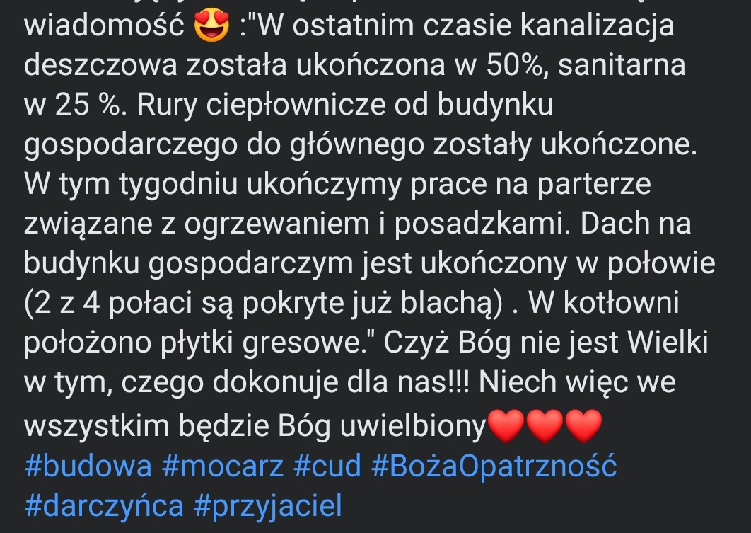 mocarze's tweet photo. Kochani Przyjaciele #DomMocarzy ❤ To dzięki Wam prace na budowie ciągle posuwają się do przodu! To niesamowite jak Bóg troszczy się o nas, o nasze potrzeby i w jak cudowny sposób spełnia nasze marzenia. Niech więc we wszystkim będzie Bóg uwielbiony❤❤❤
#budowa #mocarz #cud https://t.co/qvQ6EcngJR