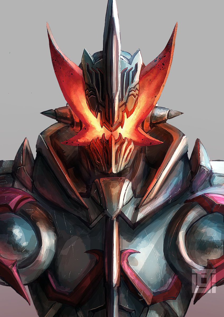 solo armor 1boy red eyes grey background horns helmet  illustration images