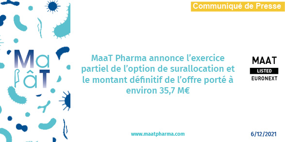 MaaT_Pharma's tweet photo. MaaT Pharma annonce l’exercice partiel de l’option de surallocation et le montant définitif de l’offre porté à environ 35,7 M€.
Pour plus d’informations, cliquez ici : https://t.co/OcpbjQKw7m

#IPO #Microbiome #Cancer #Pionnier #FrenchBiotech #EuronextListed https://t.co/1cQBccmiuP