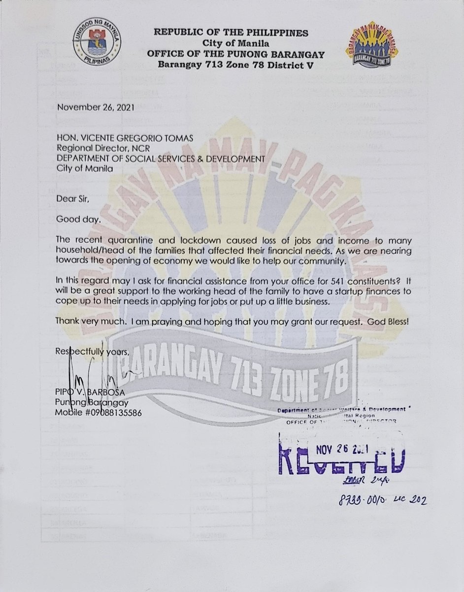 pipobarbosa's tweet photo. @dswdfoncr Good day. May I follow up my letter of request of FA for Brgy. 713 Zone 78 City of Manila. Thank you very much. https://t.co/gNR4x3GDQY