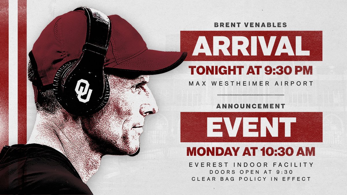 Sooner Nation is invited to join us in welcoming back Coach Venables!

🛬 9:30 tonight at Westheimer
🎙 10:30 a.m. Monday at Everest

#BoomerSooner