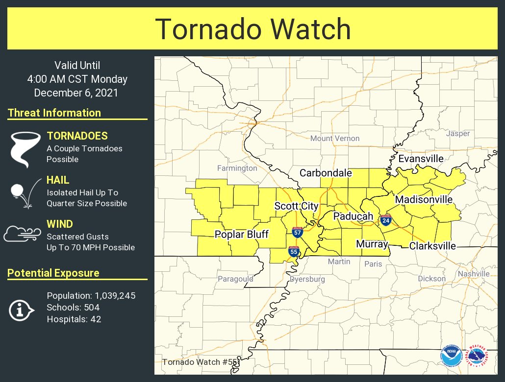 A tornado watch has been issued for parts of Illinois, Kentucky and Missouri until 4 AM CST