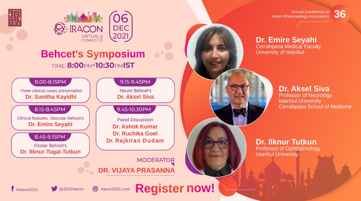 Behcets Symposium today 8PM Indian Standard Time at IRACON Virtual Connect. Register at iracon2021.com <a href="/IndianRheum/">IRA</a>
#behcets