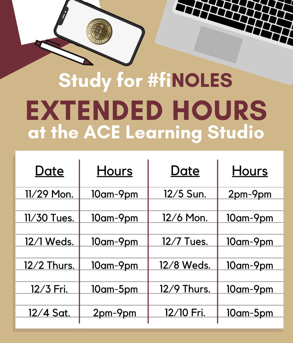 FSU_ACE's tweet photo. Don't forget about ACE's extended hours for the rest of #fiNOLES week! Free healthy snacks provided by @FSUSGA while supplies last 

@UnderGrad_FSU @CARE_FSU @FSUSGA https://t.co/XxIoF6EuOi