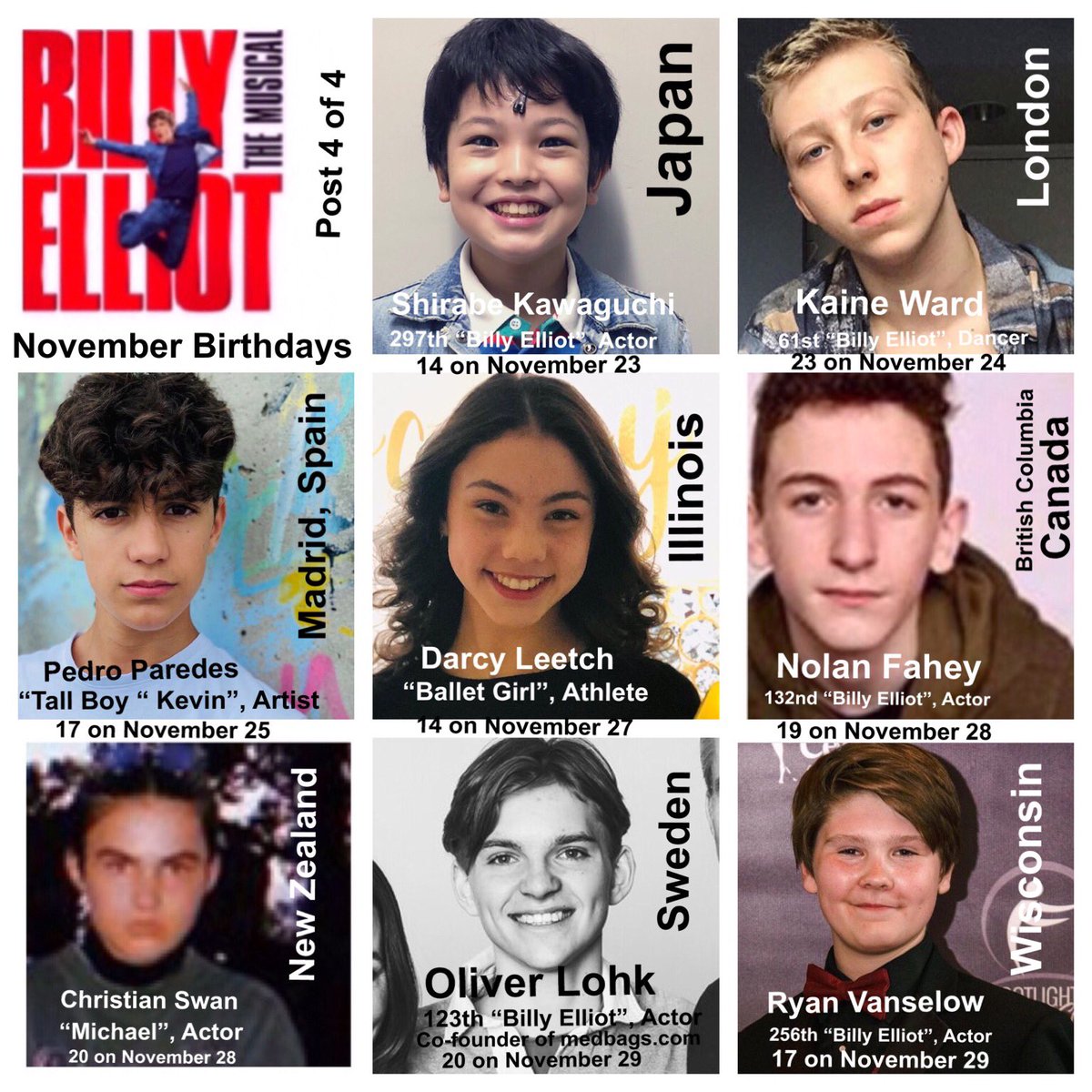 RoyEtten's tweet photo. ⁦@BillyElliotUK⁩ ⁦@BillyElliot_JP⁩  #BillyElliot  Happy November Birthdays to at least 18 “Billy Elliots”, 3 
Michaels”, 2 “Debbies”, 2 “Ballet Girls”, 2 “Small Boys”,  2 “Tall Boys”, 1 Ensemble Member.  (Post 4 of 4). Stay Healthy, Stay Safe 🙏🙏❤️❤️ https://t.co/Mllg0LduTd
