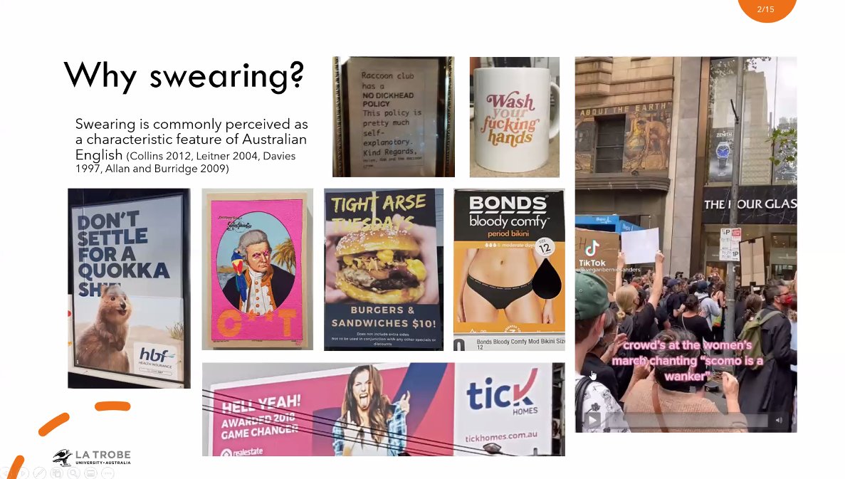 "what i like to do wherever i go is... record swearing in a public spaces" <a href="/CarolinKrafzik/">Carolin Krafzik</a> up now on influence of ethnicity on swearing in AusEng #ALS2021 #LVC2021