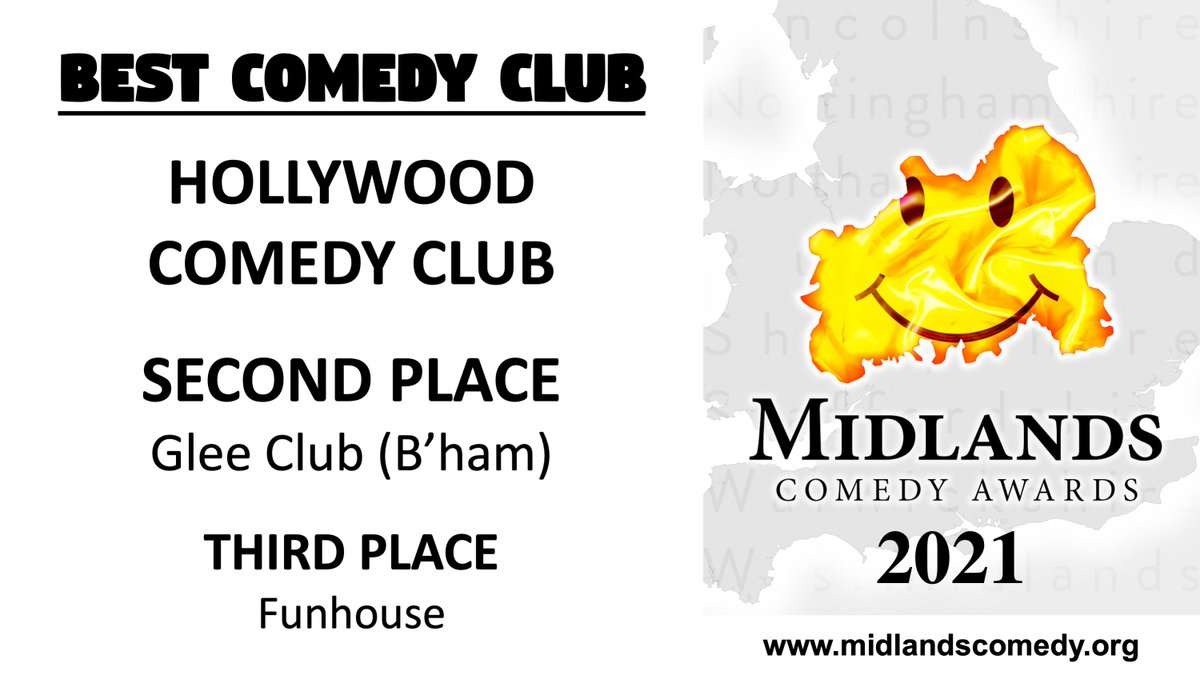 Midlands_Comedy's tweet photo. BEST  COMEDY CLUB 2021
WINNER: @HollywoodComB47
Runner-up: @GleeClubBham
Third place: @FunhouseComedy

Congratulations to all the finalists.
#MidlandsComedyAwards https://t.co/qn4eEeNyRV