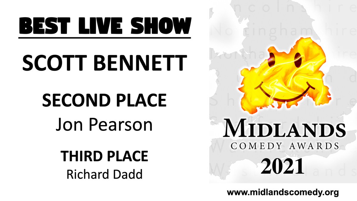 Midlands_Comedy's tweet photo. BEST LIVE SHOW 2021
WINNER: "Relax" by @ScottBcomedyUK

Runner-up: @jonnyp_comic 
"What have you been up to?"

Third place: @webakestuff
"Tea with the Devil"

Congratulations to all the finalists.
#MidlandsComedyAwards https://t.co/JWKWcZNw4M