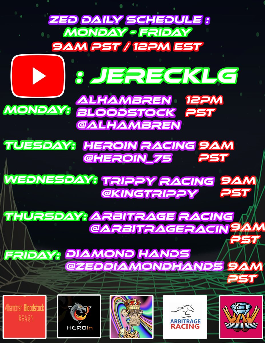 0xEvergreen's tweet photo. @ZedDailyPodcast Back again this week with some of the top racing stables in @zed_run ! @alhambren @HEROin_75 @kingtrippy5116 @ArbitrageRacin @ZedDiamondHands all ready to talk some digital horse racing! We'll be live Monday - Friday on @YouTube https://t.co/JNzUFZ4ZLc #ZedRun https://t.co/pJdkA4iSbk
