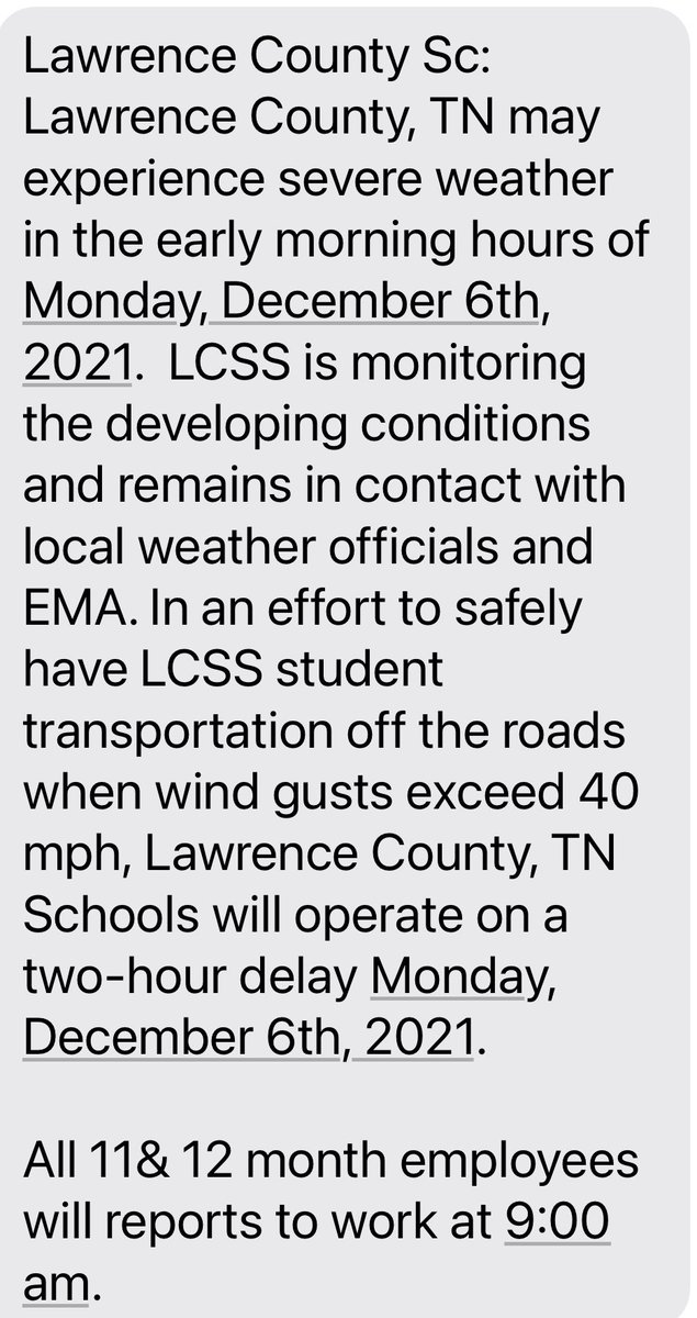 Lawrence County, TN: Delayed start for Monday, December 6,2021.