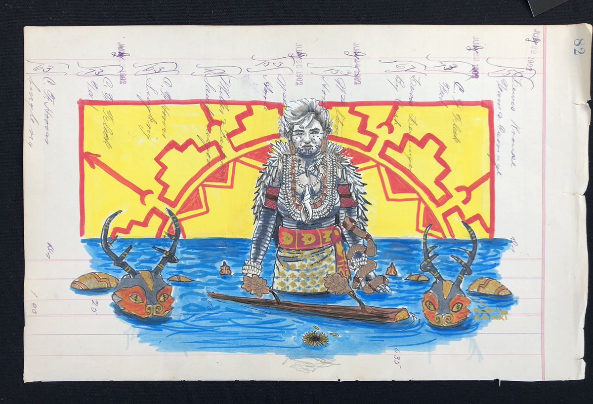Dustign's tweet photo. Ledger doodle: “Pantherwoman offerings illustrated on antique #Indianterritory 1902 SOLD #ledgerpaper #mixedmedia #ink #liquidcrystal #copicmarkers 7x11” #seeme #muskogean #chickasawartist  #ovac #firstamericansmuseum #wintermarket #offerings  #pantherwoman #seemecommunity https://t.co/9zc4wc1HIT