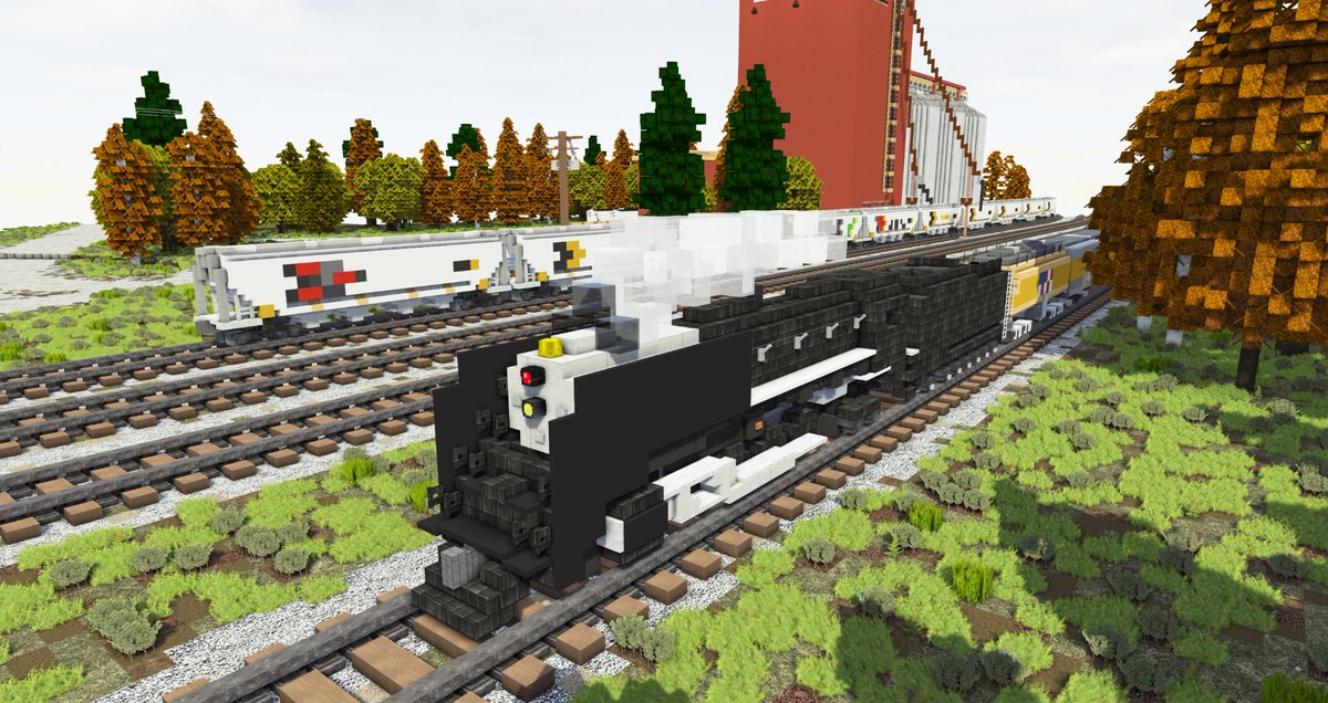 TheAlphaRebel's tweet photo. My version of Union Pacific 844 seen here passing by a grain elevator siding in autumn.  The coaches are not correct at all, I just quickly modified some VIA ones for the screenshots https://t.co/lz9qVBMbWY