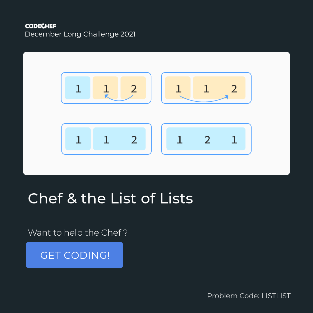 codechef's tweet photo. Find the minimum number of operations to obtain an array of lists that satisfies a few conditions in the said question. Participate in the last Long Challenge of the year:https://t.co/fQERRSKAU6

#CodeChef #Coding #LongChallenge #programming https://t.co/Vrze1x5lZx