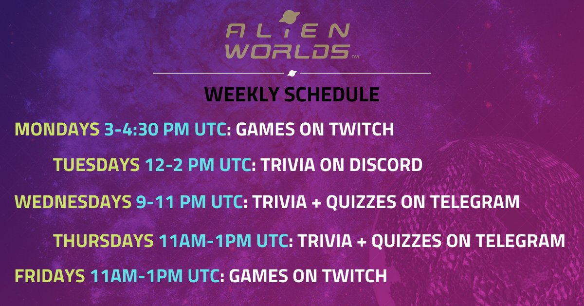 👽❗Get ready for another exciting week throughout Alien Worlds' social channels!

 📆 All week, we'll be hosting fun, #games, #trivia, #quizzes, and lots of chances to #WIN AW #NFTs!

👉Follow our socials, join our chats, and we look forward to seeing you there!