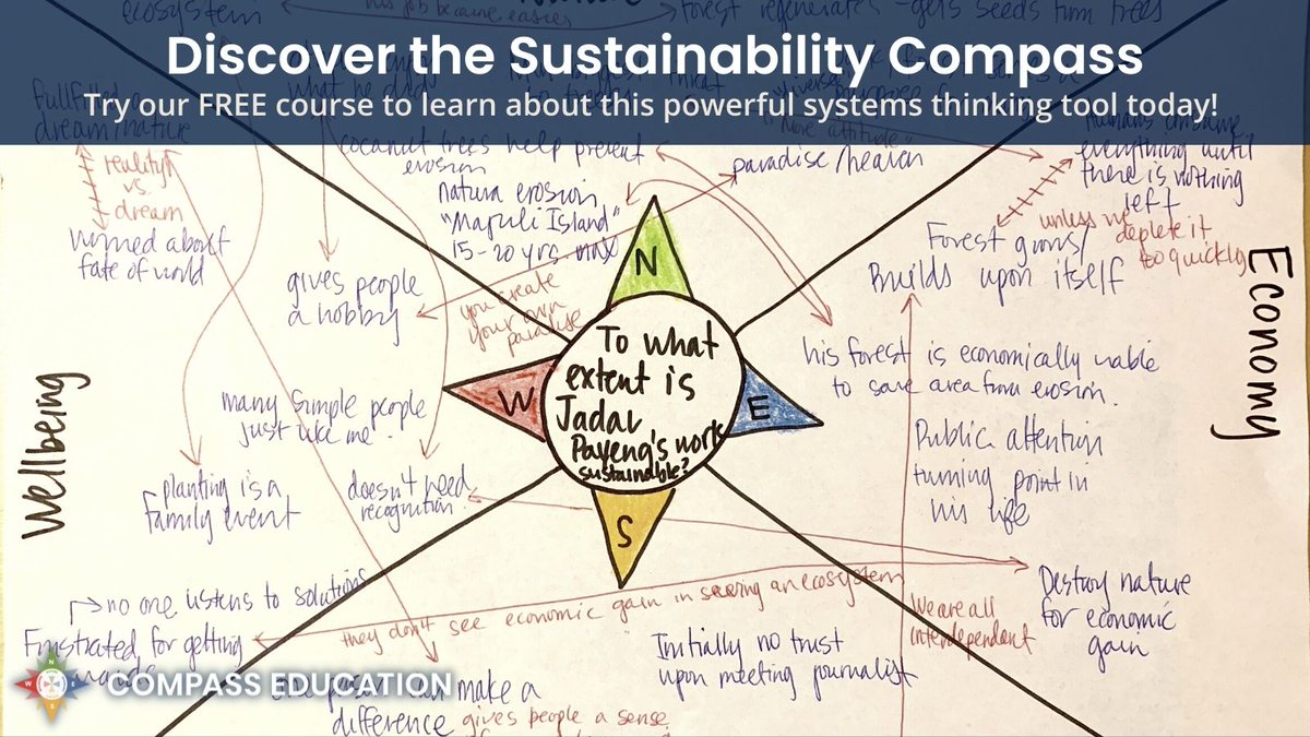 Have you heard of Sustainability Compass? Try our FREE 15-min intro activity! Learn about this powerful #systemsthinking tool &amp; how to use it to support teaching &amp; learning while fostering sustainable habits of mind in learners of any age! bit.ly/3yB81Rl #CompassOnline