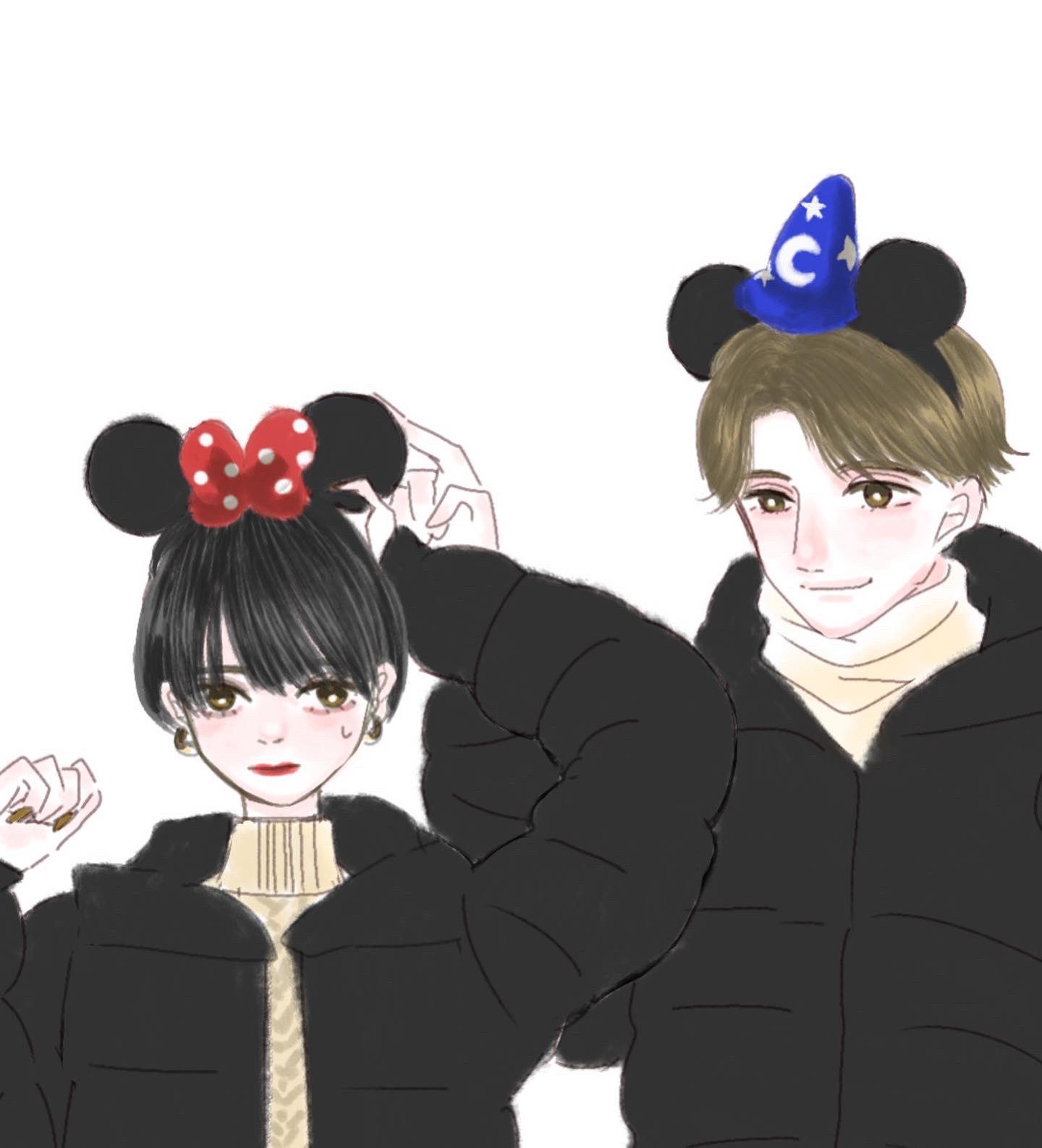 Mie みー カップルディズニーコーデ カップルコーデ ディズニー ディズニーコーデ 冬コーデ ファッション イラスト 女の子イラスト イラストレーション イラストレーター 絵描きさんと繫がりたい Art Disney Illustration