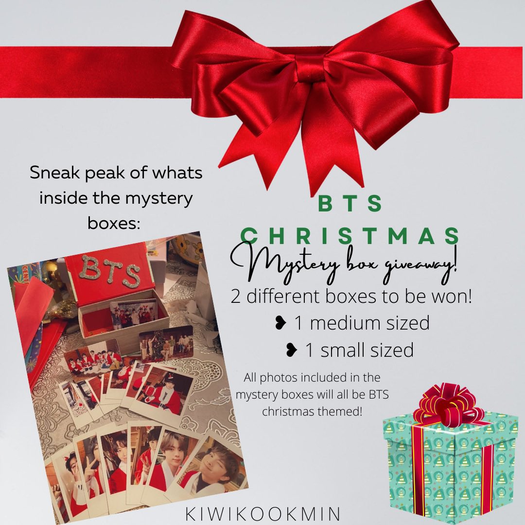 kiwikookmin's tweet photo. BTS christmas mystery box giveaway!

Worldwide 🌎— 2 winners (2 different sized boxes to be won)

Ends on Dec 17th

How to enter:
❥ like &amp; RT this post 
❥ must be following me

Optional:
❥ comment 1 thing you hope to see in the mystery boxes! 

*see photo for full info https://t.co/h5lHVV5BkT