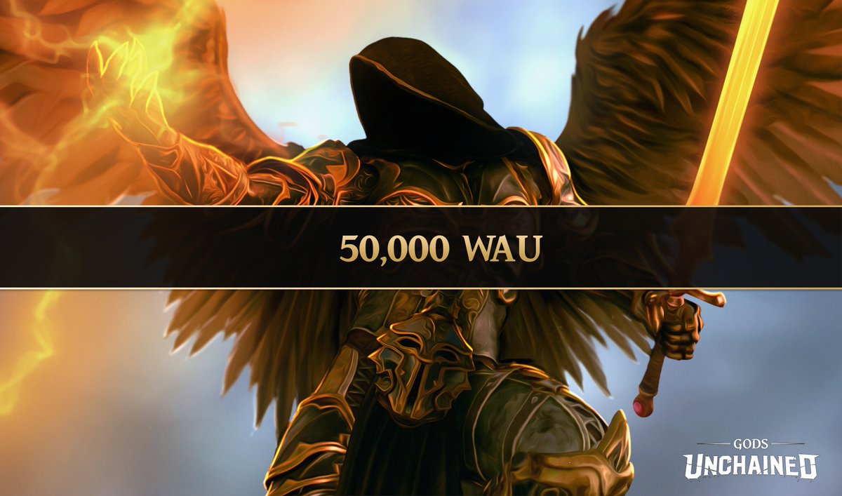 GodsUnchained's tweet photo. Did someone say 50k weekly active users?! We did it mortals! Blessing of the GODS rewards will be extra hot this week 🔥

Who’s up for hitting the 100k mark? https://t.co/7rCjBUNPOA