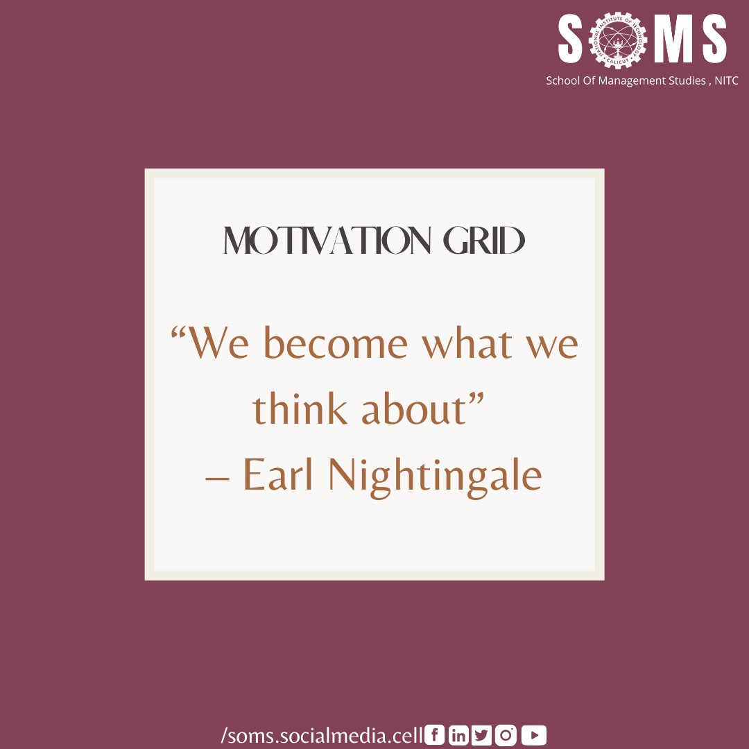 Somsnitcalicut's tweet photo. A reminder that positive thinking helps you frame your mindset and change your life, spoken by the author of, “Essence of Success.”
Now get motivated on every Monday with #motivationgrid !
#beatingblues #motivationgrid #nitcsoms #soms #nit #grow #evolve #motivation #campus https://t.co/vJuUtpRxZn