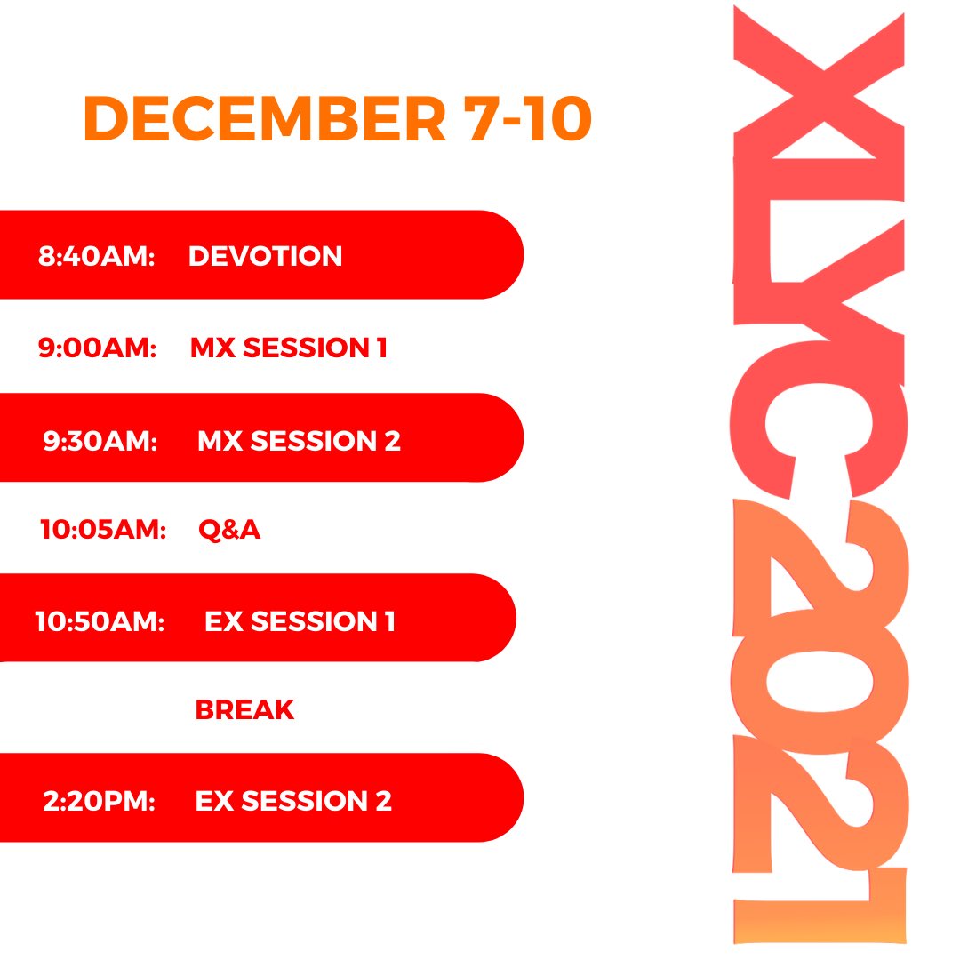 xlyconf's tweet image. Here’s what your week will look like at XLYC21! 💯

If you still haven’t registered for conference, it’s not too late! Registrations will close at midnight, tonight. Head over to xlconf.org to secure a spot now.

#Program #TheVirtualExperience #XLYC21