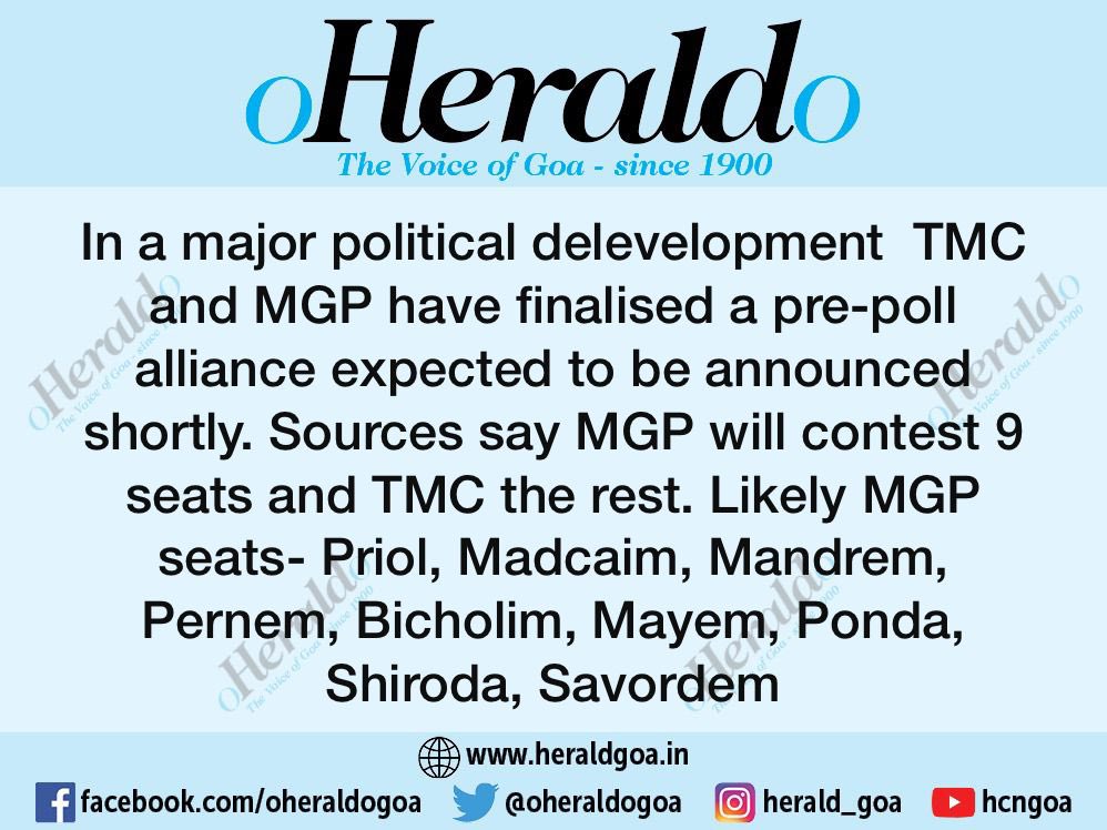 oheraldogoa's tweet photo. ||#Breaking: TMC-MGP pre poll alliance finalised for #Goaassembly #elections.
@AITC4Goa @AITCofficial @GoaBJP @INCGoa @AAPGoa @luizinhofaleiro #goa @ANewDawnForGoa #election2022 #mgp #prepolls https://t.co/93lhsQgUY9