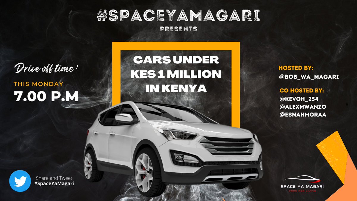 SpaceYaMagari's tweet photo. Car twitter 🤗

Happy #Monday 🤪

How was your weekend?🥳

#spaceyamagari is READY for Leo 7.00pm with CARS UNDER 1MILLION or less. 

Car DEALERS meet Car BUYERS 💯🤗

what's your budget. 
Start tweeting #SpaceYaMagari

Hosted by
@BobWaMagari
@Kevoh_254 
@esnahmoraa 
@alexmwanzo https://t.co/f4prlfsidd