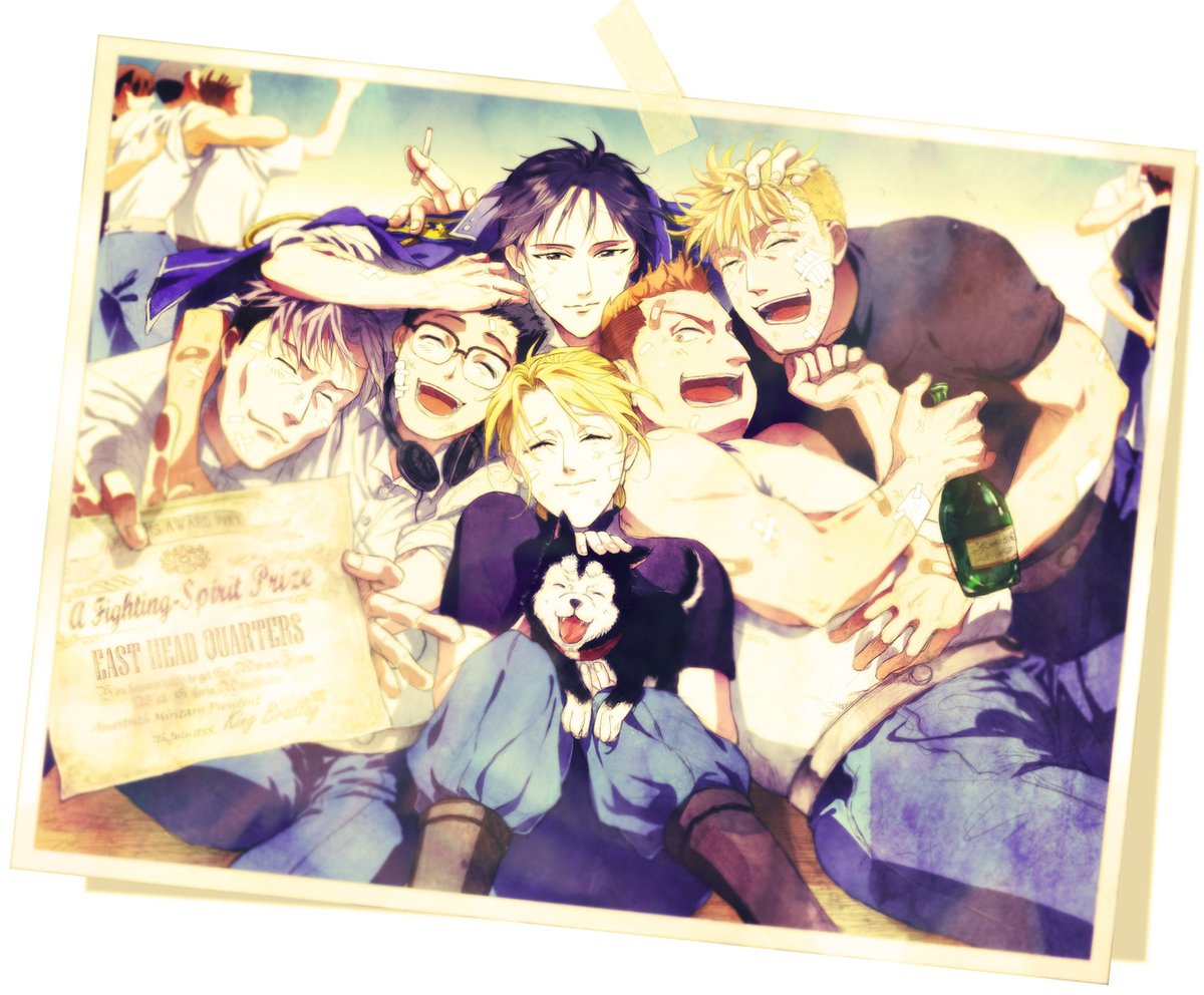 nidu4s's tweet photo. https://t.co/yyTHW5zAbl #fullmetal_alchemist #studio_bones #roy_mustang #riza_hawkeye #jean_havoc #kain_fuery #vato_falman #heymans_breda #arm_pixiv #short_hair #blonde_hair #purple_hair #eyes_closed #happy #group #topless #boy #animal #glasses #bandage_bandages #bottle https://t.co/2OvsbgoREx