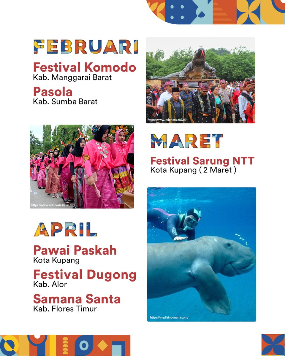 bpolbf's tweet photo. Mimin kasih kalian bocoran penting untuk acara-acara yang akan ada di NTT tahun depan, catet acara dan tanggalnya untuk kalian semua yang mau ke NTT, ada banyak acara dari awal tahun sampai akhir tahun yang menanti kalian semua. https://t.co/kOc5HI5PyM