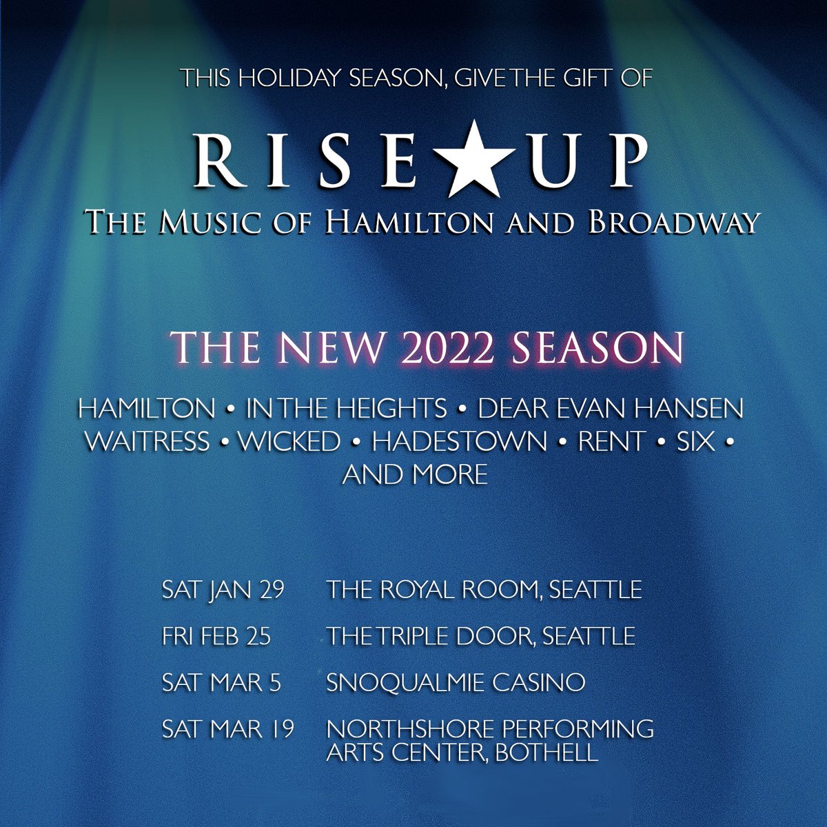 RiseUpBand's tweet photo. Looking for a #Holiday gift for a special #Seattle someone? Might we suggest giving a great night of #Hamilton and #Broadway #music at an upcoming @riseupband performance! Tickets: https://t.co/AhHy6qz9rG @NW_Music_Scene @Seattle_Music @206Sound @nadamucho @far_west @Crosscut https://t.co/WFgMQwtibs