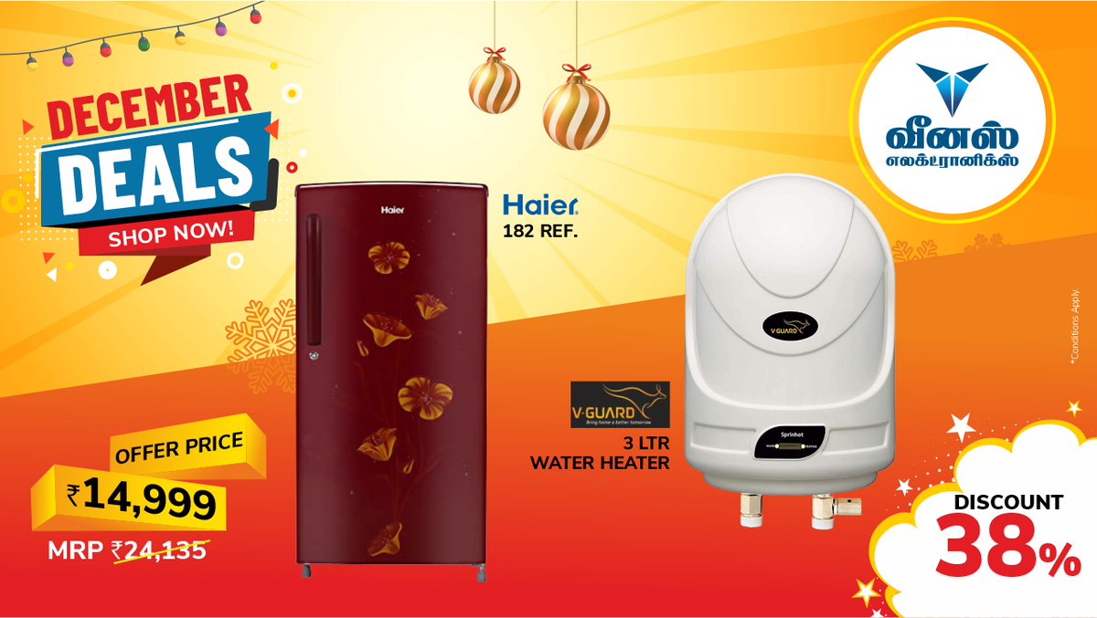 VenusForValue's tweet photo. DECEMBER DEALS SHOP NOW OFFER  By Venus Electronics. HAIER REF +V GUARD 3 LTR WATER HEATER OFFER PRICE Rs 14,999 /- CALL 73730 60000 or Visit our nearest branch or Buy Online at https://t.co/igs00Aq9jU https://t.co/QDW56kwWBf